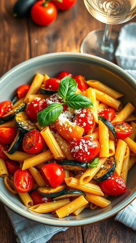 A bowl of roasted vegetable pasta with zucchini, peppers, tomatoes, topped with Parmesan and basil, on a rustic wooden table.